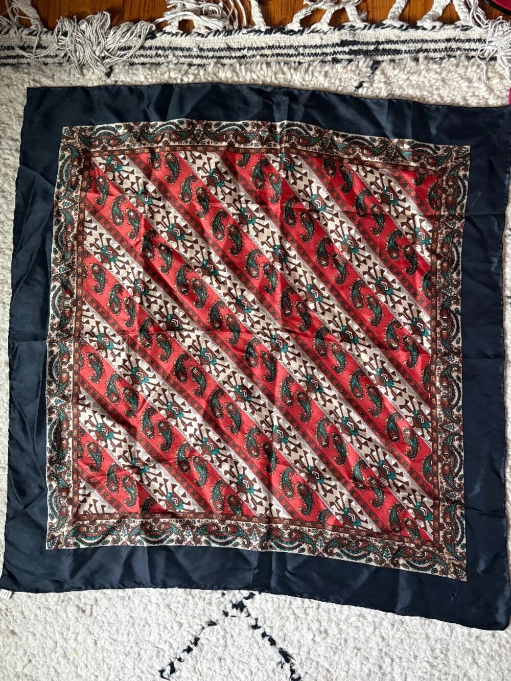 Vintage sizable silk paisley multicolored scarf hand rolled hand printed 30" sq.